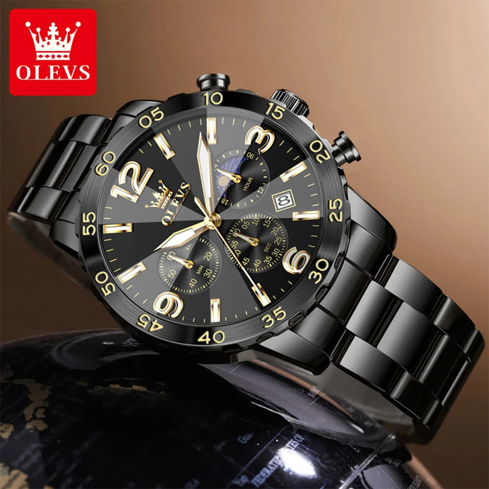 OLEVS 3678 Mens Watch Original Stainless Steel Quartz Watch Waterproof Luminous Moon Phase Watch Automatic Date Mens Gifts Reloj