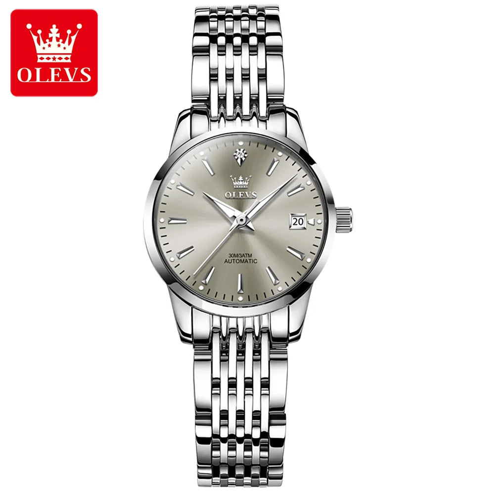 Reloj mecánico para mujer OLEVS 6635, reloj de pulsera elegante de lujo sencillo, reloj automático con calendario y resistente al agua de acero inoxidable