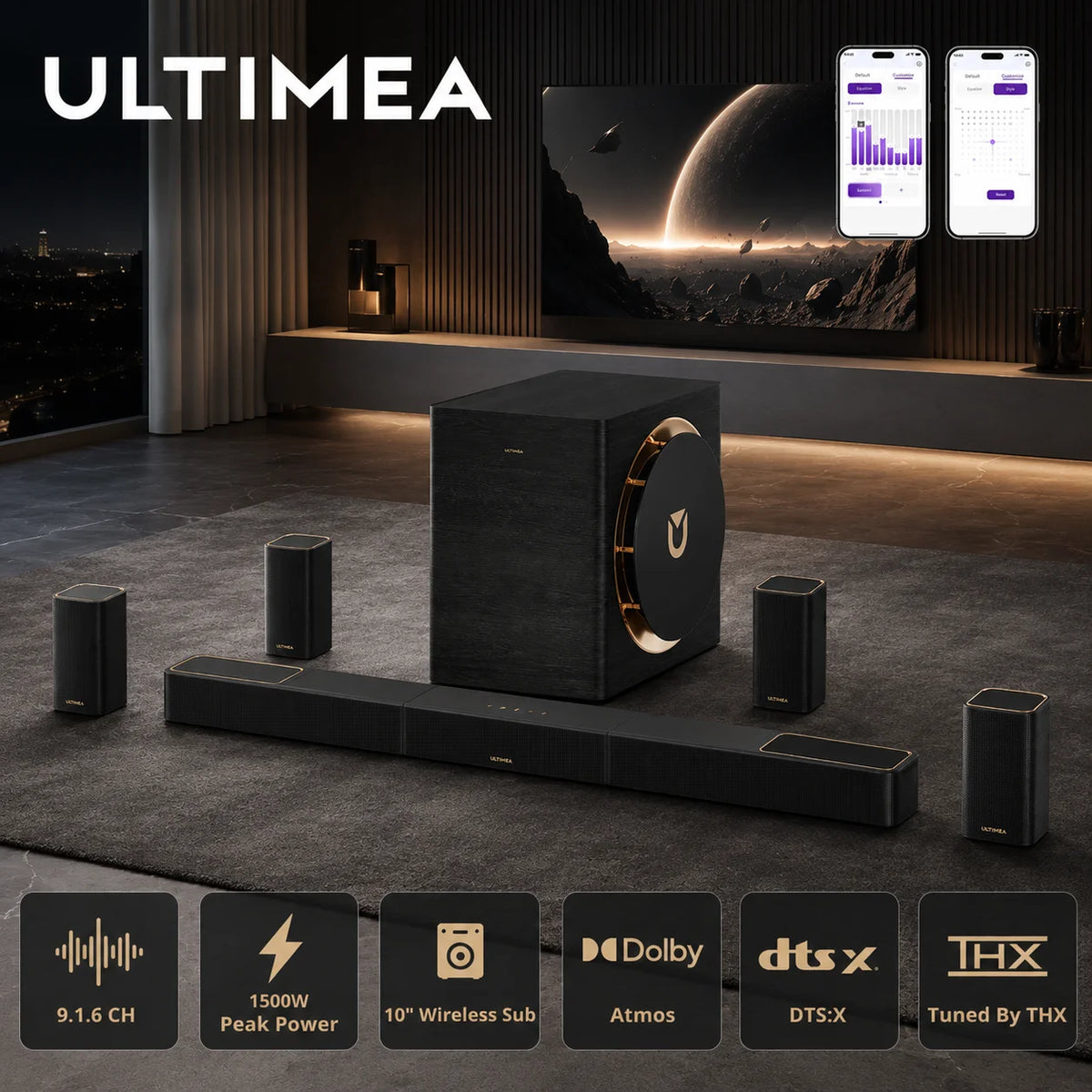 Barra de sonido negra con subwoofer y satélites inalámbricos, conjunto 9.1.6.