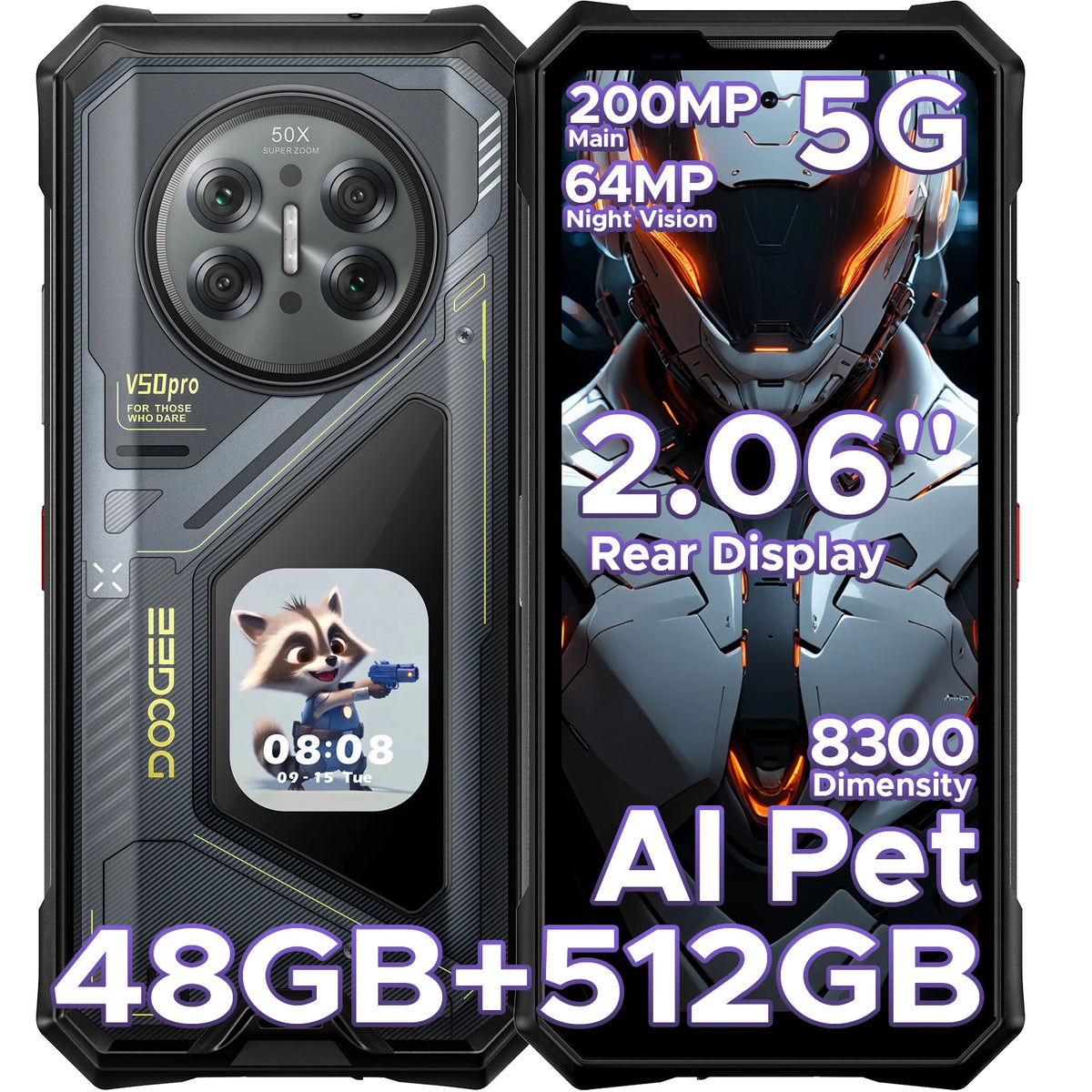 DOOGEE V50 Pro 5G AI Rugged Phone 6.78" Dimensity 8300 52GB RAM(16+36) 1TB ROM with 2.06" AMOLED Multi-function Rear Display 200MP Camera 64MP Night Vision Camera Android 16 Supports Walkie Talkie