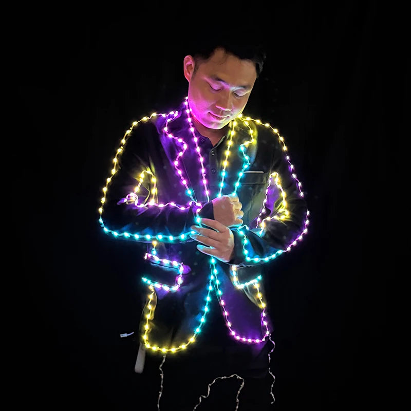 Traje Luminoso LED a Todo Color para Hombre, Traje de Actuación para Baile en Escenario, Disfraz de Discoteca con Control DIY para Cambiar de Color