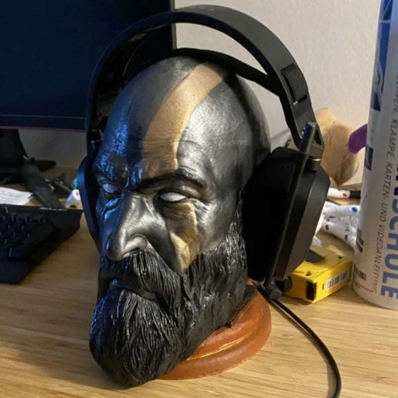 Estatua de Kratos de God of War, soporte para auriculares, personajes de juego, figuras, juguete, modelo de cabeza para escritorio, soporte para auriculares de computadora