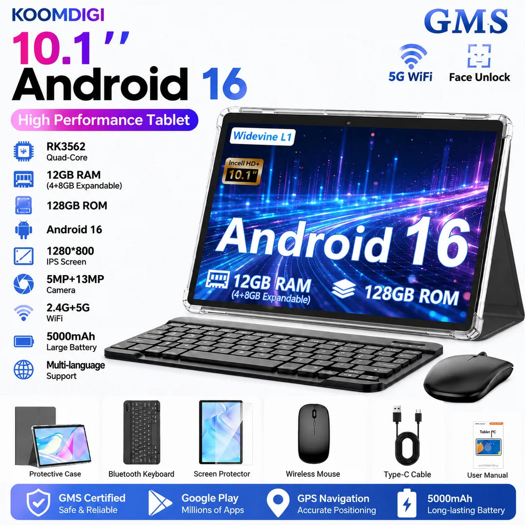 Tableta KOOMDIGI W30Pro Android 16 con pantalla táctil de 10 pulgadas, 12 GB (4 GB + 8 GB de expansión) de RAM, 128 GB de ROM + soporte para expansión de 1 TB con tarjeta TF (no incluye tarjeta TF), WIFI, batería de 5000