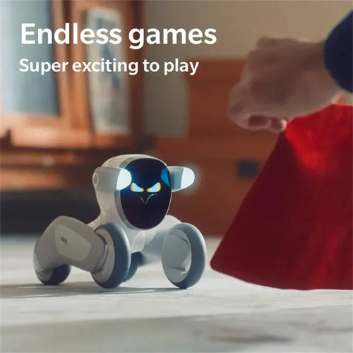 Perro robot compañero con patas grises y ojos LED azules, diseño mecánico