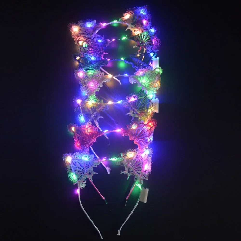 20 piezas de luces LED intermitentes de encaje con orejas de animales, diadema de gato y zorro para Cosplay, fiesta de cumpleaños, Rave, Festival de boda