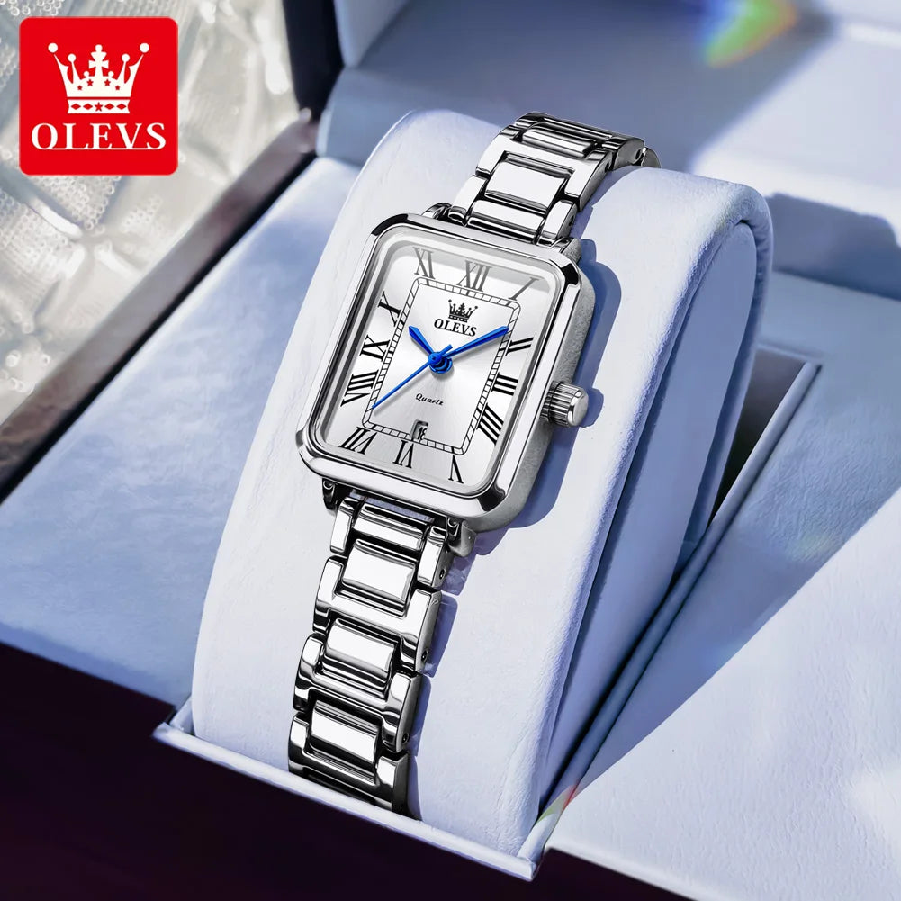 Reloj de pulsera para mujer OLEVS, elegante reloj retro cuadrado para dama, automático con fecha, resistente al agua, correa de acero en oro rosa, reloj de cuarzo original 5641