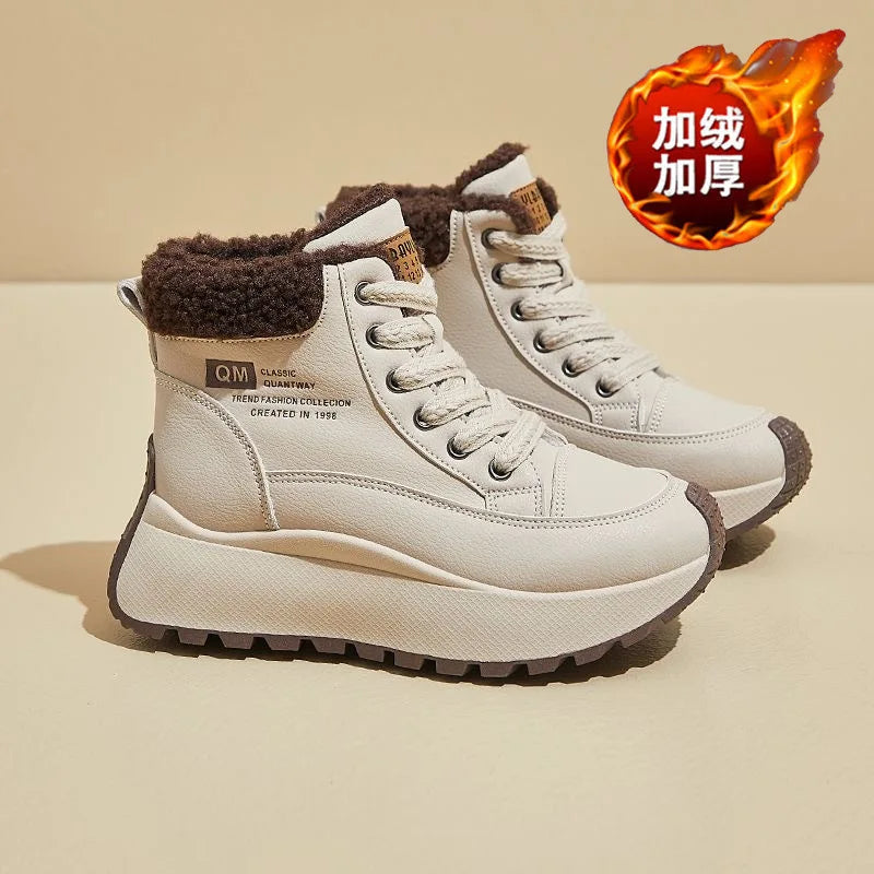 Botas de nieve tobilleras de suela gruesa de cuero para mujer, botas de algodón con cordones, gruesas, cálidas, impermeables, antideslizantes, de invierno