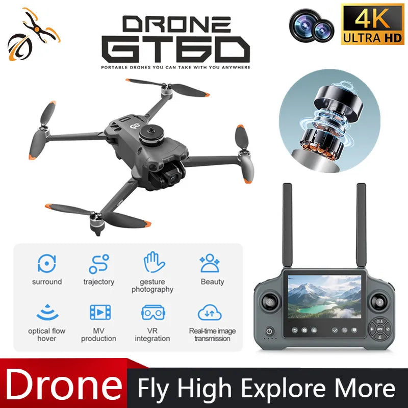 GT60 Dron GPS Profesional 4K con Pantalla de 4.5 Pulgadas WiFi FPV Fotografía Aérea Evitación de Obstáculos 360° Cuadricóptero Juguetes de Lanzamiento Aéreo