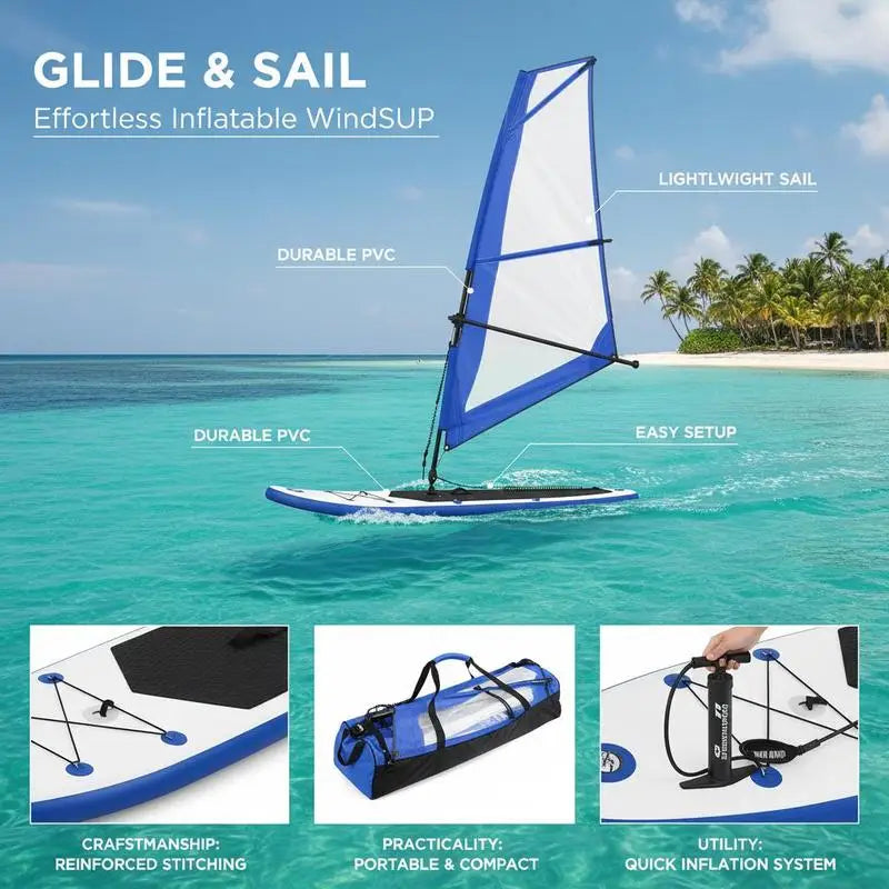 Kit de SUP Inflable con Vela Azul y Blanca, Tabla de Paddle Surf para Lago, Río, Mar, Deportes Acuáticos al Aire Libre, Windsurf, Aventura Familiar, Playa, Camping, Náutica, Ocio, Adultos, Principiantes, Viajes