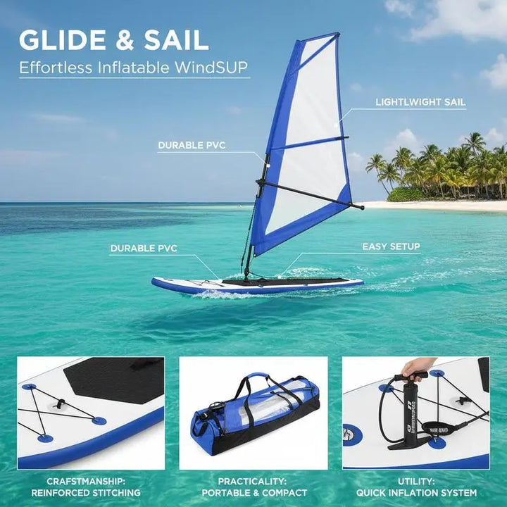 Kit de SUP Inflable con Vela Azul y Blanca, Tabla de Paddle Surf para Lago, Río, Mar, Deportes Acuáticos al Aire Libre, Windsurf, Aventura Familiar, Playa, Camping, Náutica, Ocio, Adultos, Principiantes, Viajes
