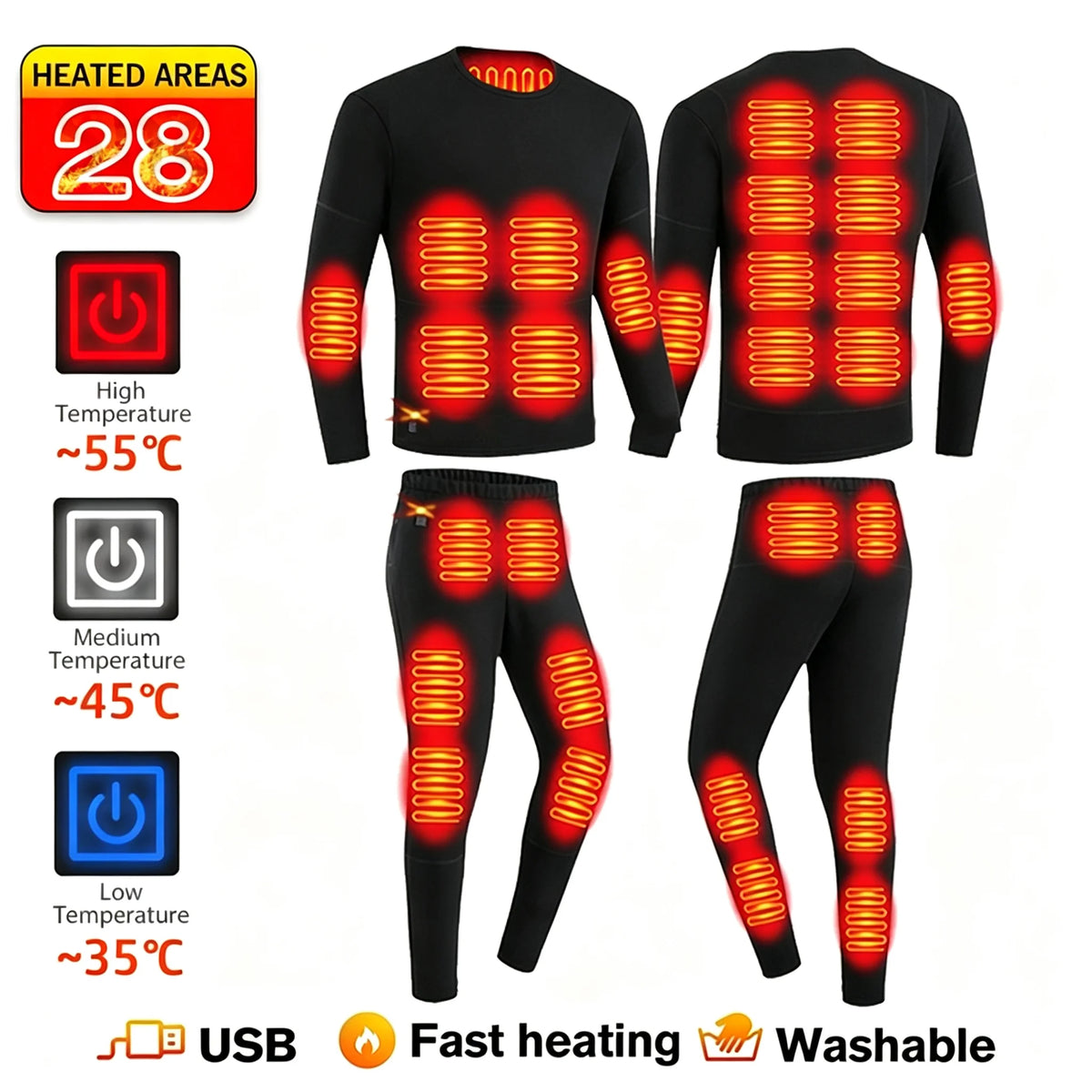 Ropa Interior Térmica Eléctrica con 52 Zonas de Calor, Ropa Térmica de Invierno para Hombre y Mujer, Chaqueta Calefactora, Accesorios de Invierno