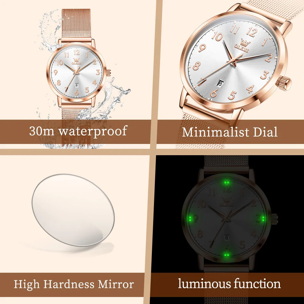 Reloj para mujer OLEVS 5653 con correa de malla, cronógrafo de cuarzo original, fecha, resistente al agua y luminoso.