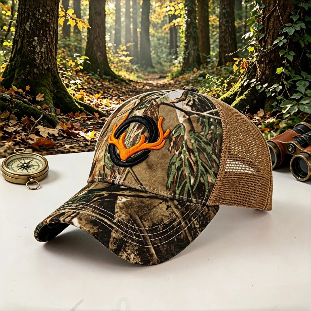 Gorra de camionero de caza con camuflaje de asta de ciervo, bordado para pesca al aire libre, gorra de béisbol de malla para hombres y mujeres