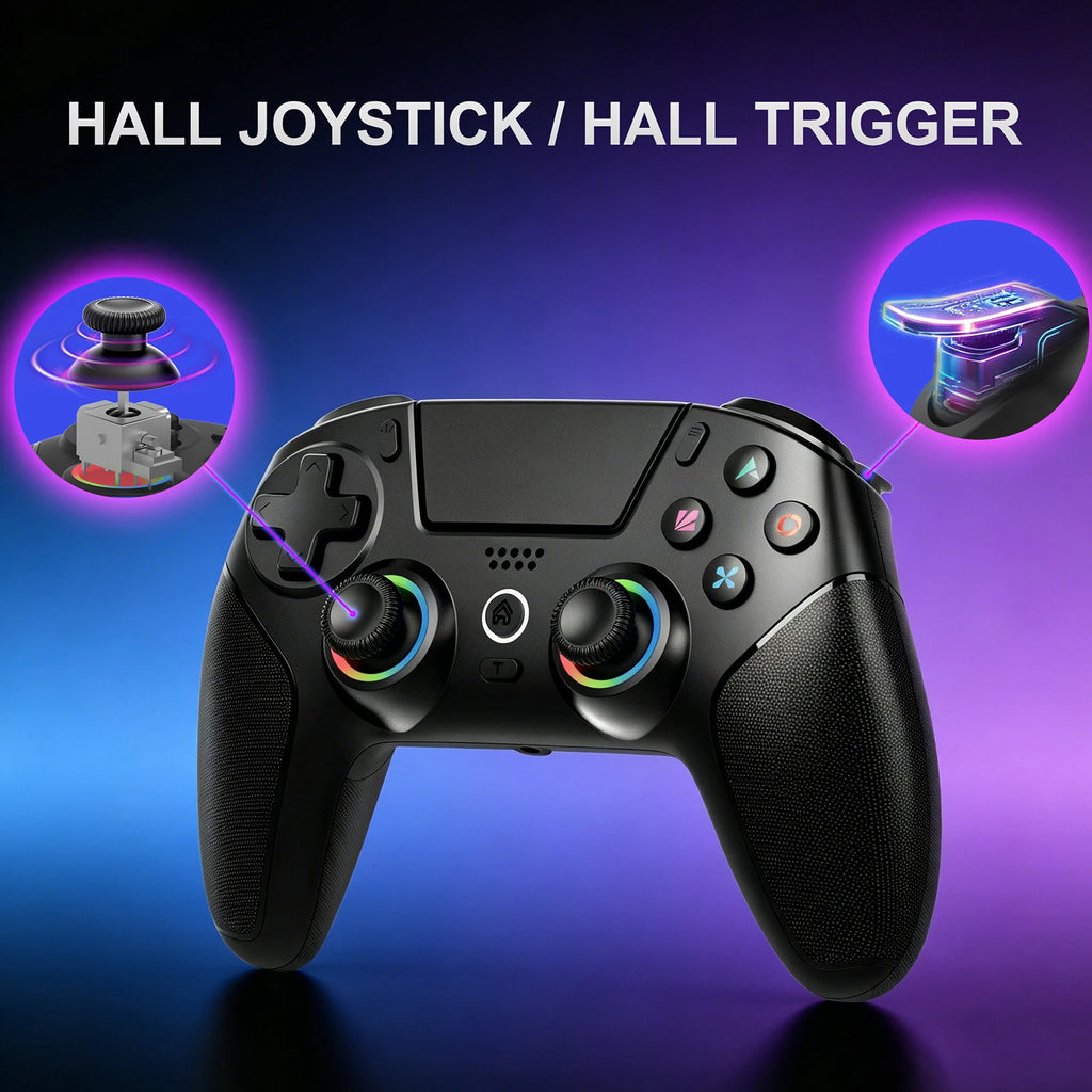 Mando negro con joysticks tipo Hall y gatillos, con iluminación RGB en los aros