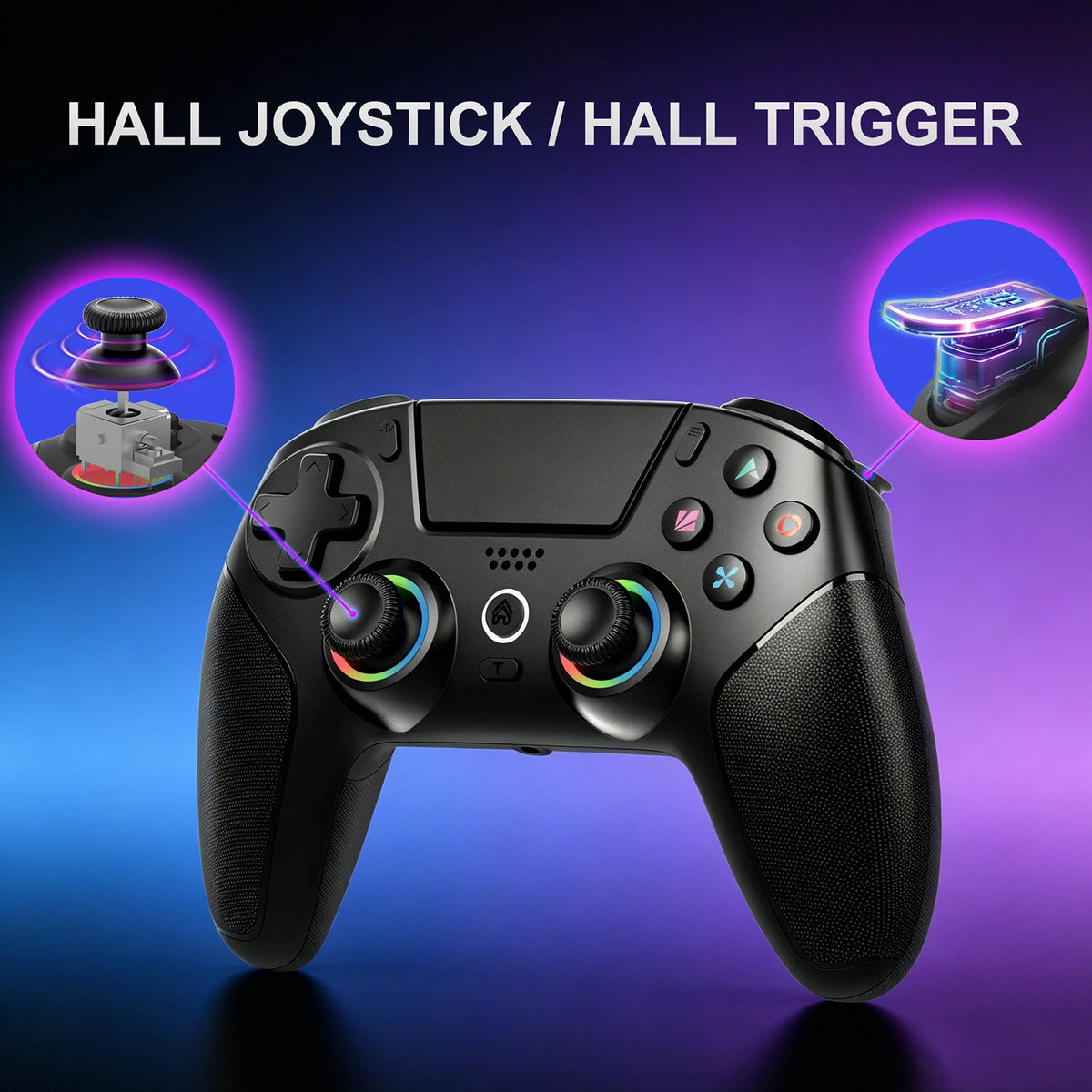 Mando negro con joysticks tipo Hall y gatillos, con iluminación RGB en los aros