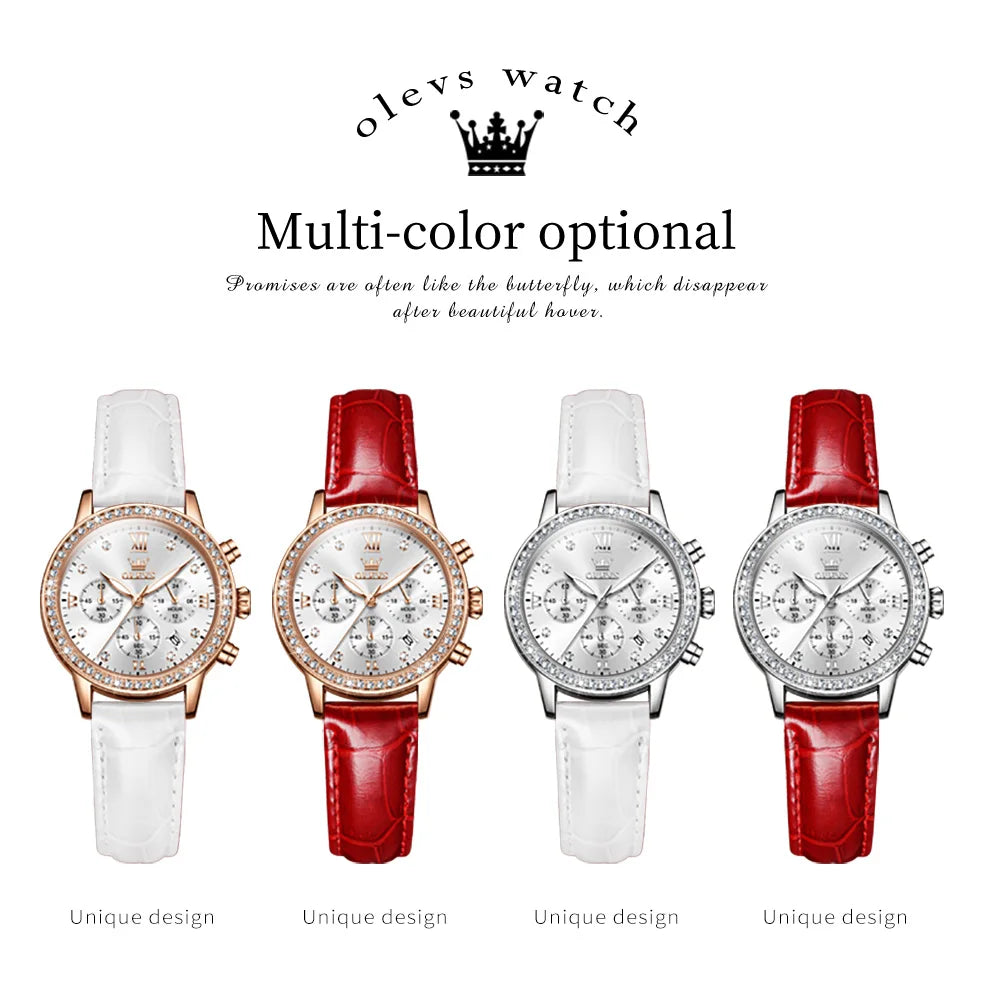 Reloj para mujer OLEVS 9933, marca de lujo, reloj de pulsera de cuarzo con diamantes, resistente al agua, luminoso, correa de cuero, reloj multifunción para dama