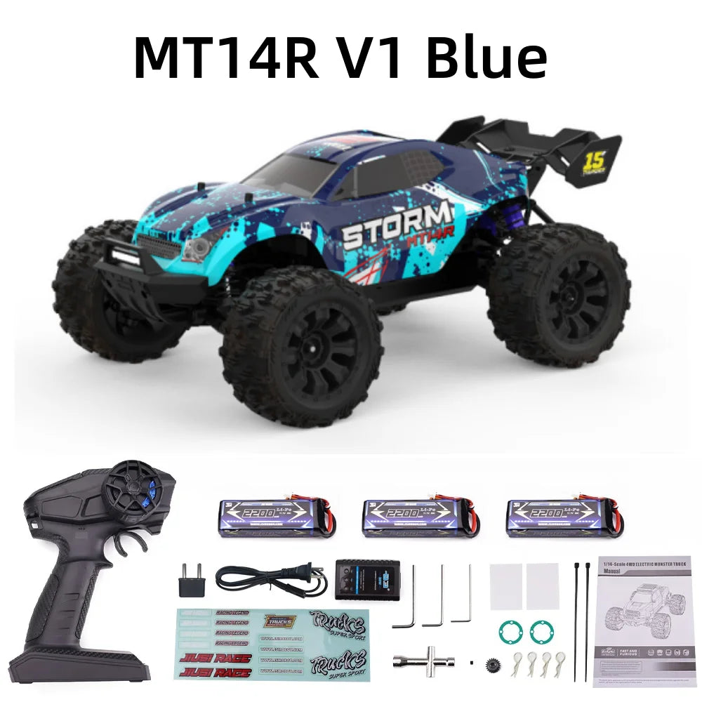 Camioneta RC 1:14 azul con gráficos; incluye control remoto y baterías