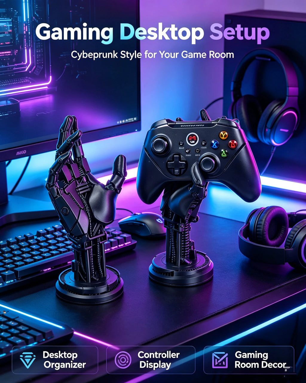 Soporte para mando de videojuegos con forma de brazo robótico impreso en 3D, adorno de estilo cyberpunk para escritorio, compatible con PS4, Xbox y Switch.