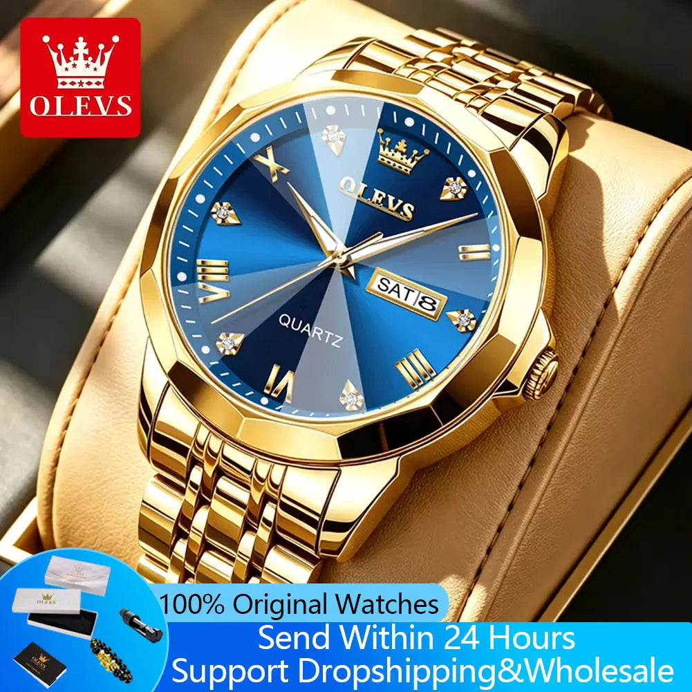 OLEVS 9931 Hot Sale Watches for Man Fashion Rhombus Mirror Solid Steel Strap Date Waterproof Luminous Original Quartz Man Watch