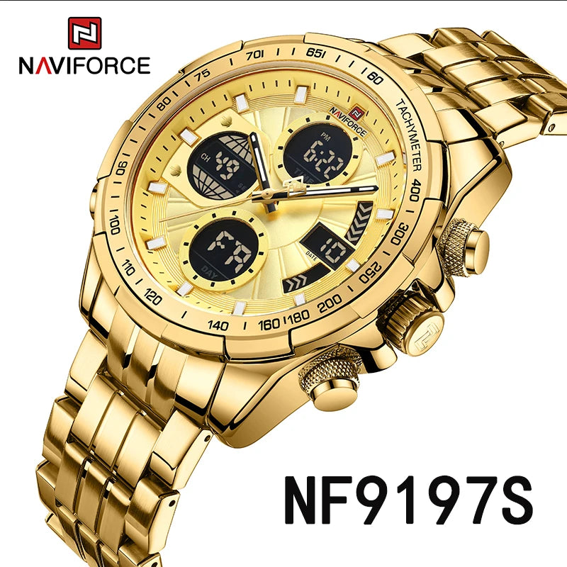 Reloj NAVIFORCE de lujo para hombre, clásico, de cuarzo y digital, reloj de pulsera deportivo militar de acero inoxidable plateado 9197