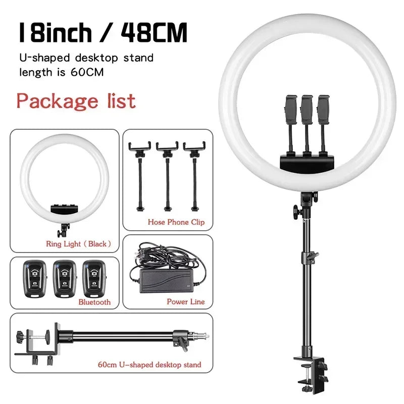 Aro de Luz LED de 45CM / 18 Pulgadas con Diferentes Estilos de Trípode o Soporte o Sin Soporte, Aro de Luz LED Grande de 18 Pulgadas con Control Remoto, Trípode, Soporte para Teléfono, Iluminación para Transmisiones en Vi