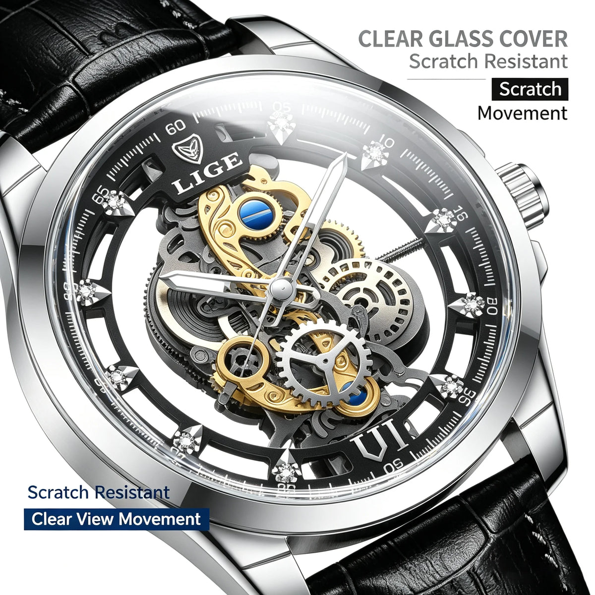 Reloj automático de cuarzo LIGE para hombre, reloj esqueleto dorado, reloj vintage para hombre, relojes de hombre de marca de lujo