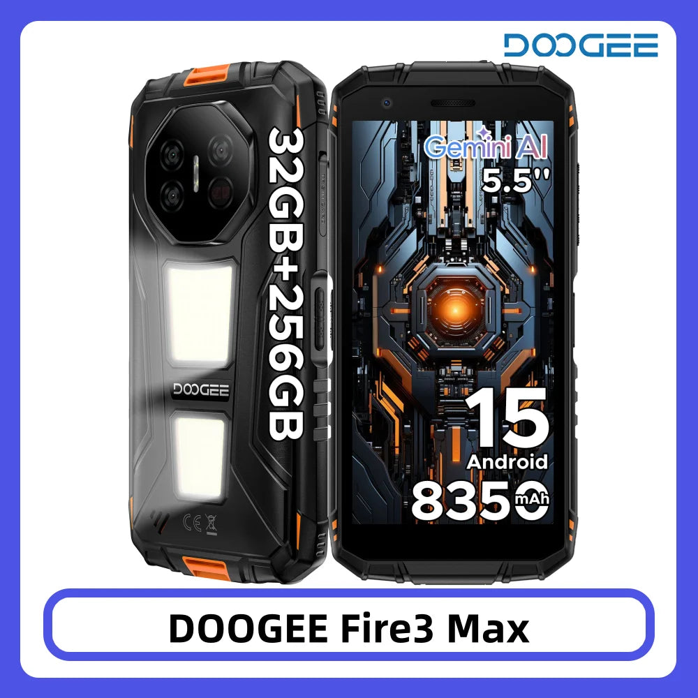Teléfono resistente DOOGEE Fire 3 Max, pantalla HD+ de 5,5", luces de camping, 8350mAh, 32GB/256GB, UNISOC T7250, 48MP, NFC, smartphone Android 15