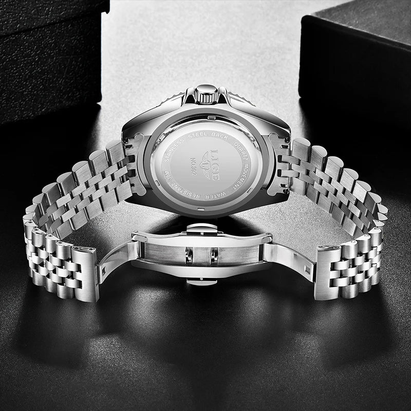 LIGE Fashion Man Watch Diamond Dial Business Watch Waterproof Calendar Butterfly Double Snap Stainless Steel Mens Watch Reloj