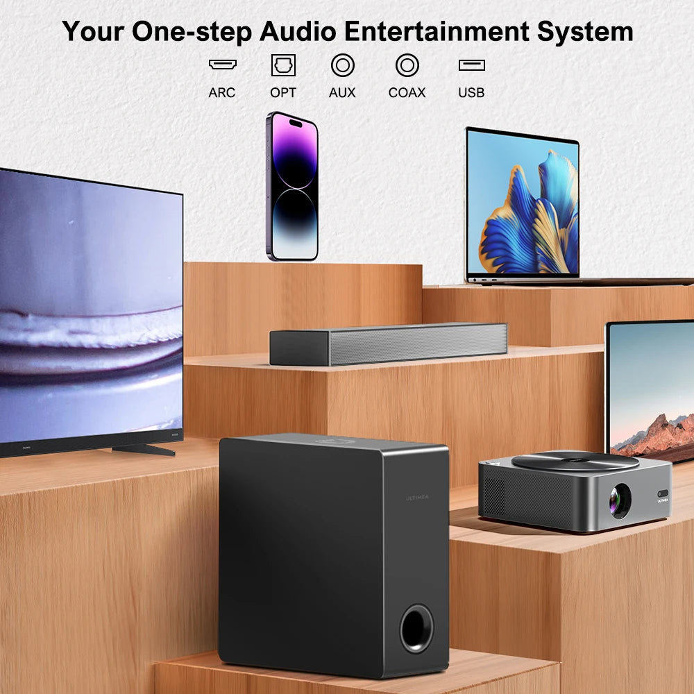 Barra de sonido y subwoofer negros con conexiones ARC, OPT, AUX, COAX y USB.
