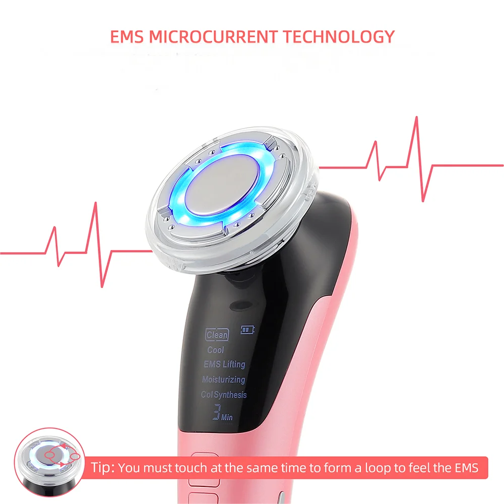 Dispositivo facial 4 en 1 con microcorriente, masaje refrescante, luz roja y azul, kit de masaje facial y de cuello con fotones para el cuidado de la piel en casa.