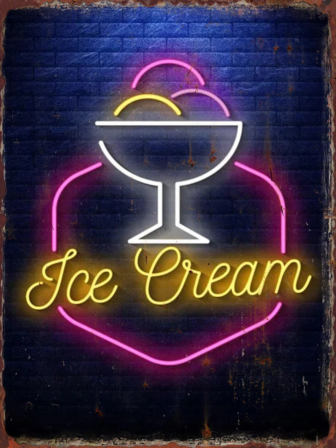 Letrero metálico de lata con neón de helado Ice Cream con cono y círculo rosa, morado y amarillo