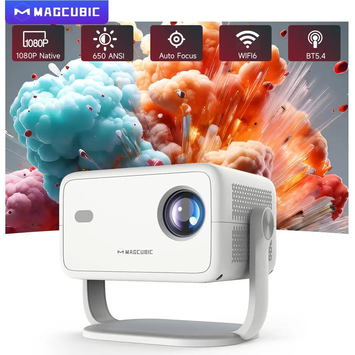 Proyector portátil blanco Magcubic con lente frontal y soporte de sobremesa
