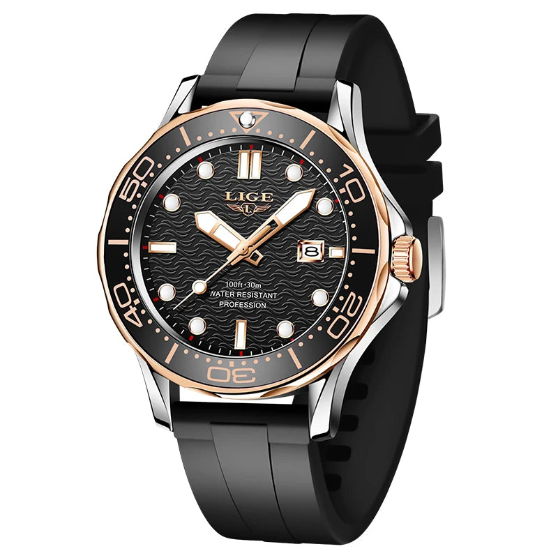 LIGE Nuevo Reloj de Negocios para Hombre, Reloj de Buceo de Lujo de Marca Superior en Azul para Hombre, Reloj Deportivo Impermeable con Fecha, Relogio Masculino, con Caja