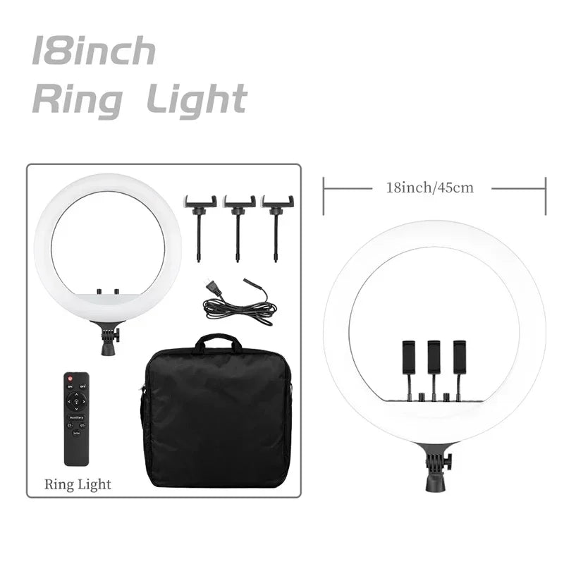 Aro de Luz LED de 45CM / 18 Pulgadas con Diferentes Estilos de Trípode o Soporte o Sin Soporte, Aro de Luz LED Grande de 18 Pulgadas con Control Remoto, Trípode, Soporte para Teléfono, Iluminación para Transmisiones en Vi