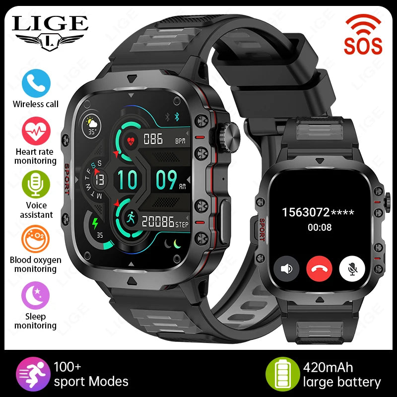 LIGE Nuevo Reloj Inteligente Pantalla de 1.96 Pulgadas 420 mAh Llamada Bluetooth Asistente de Voz Reloj Deportivo Fitness Reloj Inteligente Impermeable para Hombre
