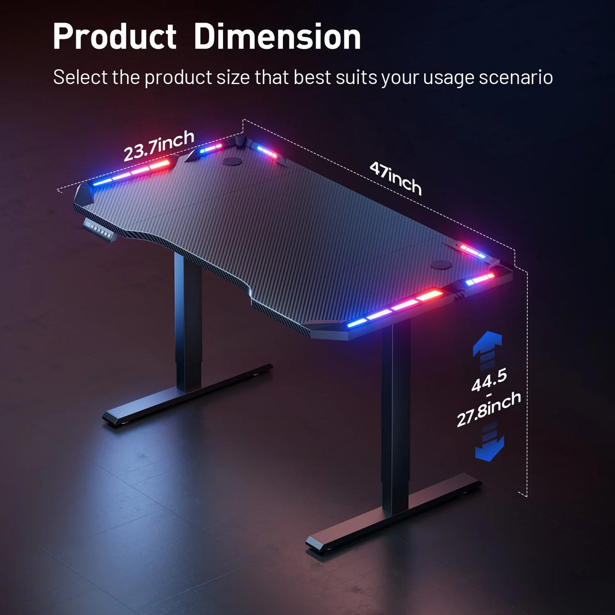 Mesa ajustable con tablero rectangular y luces LED laterales, patas de altura regulable.