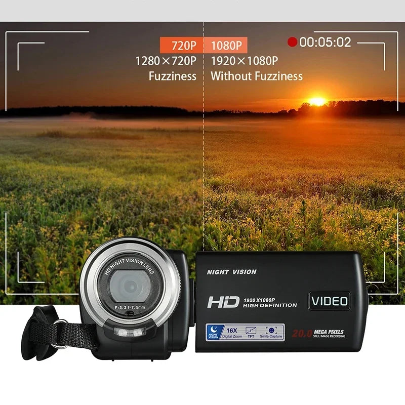 Cámara de vídeo digital portátil para vlogs, videocámara doméstica, filmadora, con visión nocturna HD 1080P, ideal para YouTube, blogueros y fotógrafos.