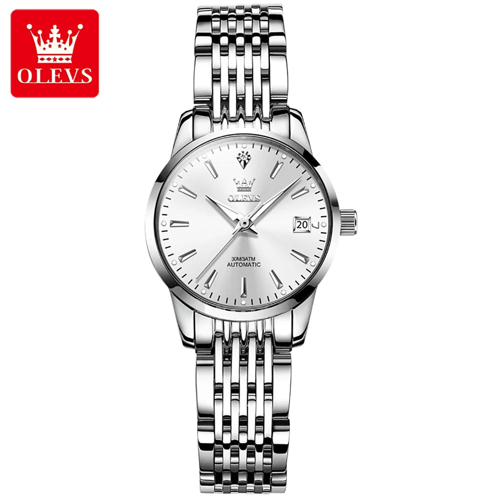 Reloj mecánico para mujer OLEVS 6635, reloj de pulsera elegante de lujo sencillo, reloj automático con calendario y resistente al agua de acero inoxidable