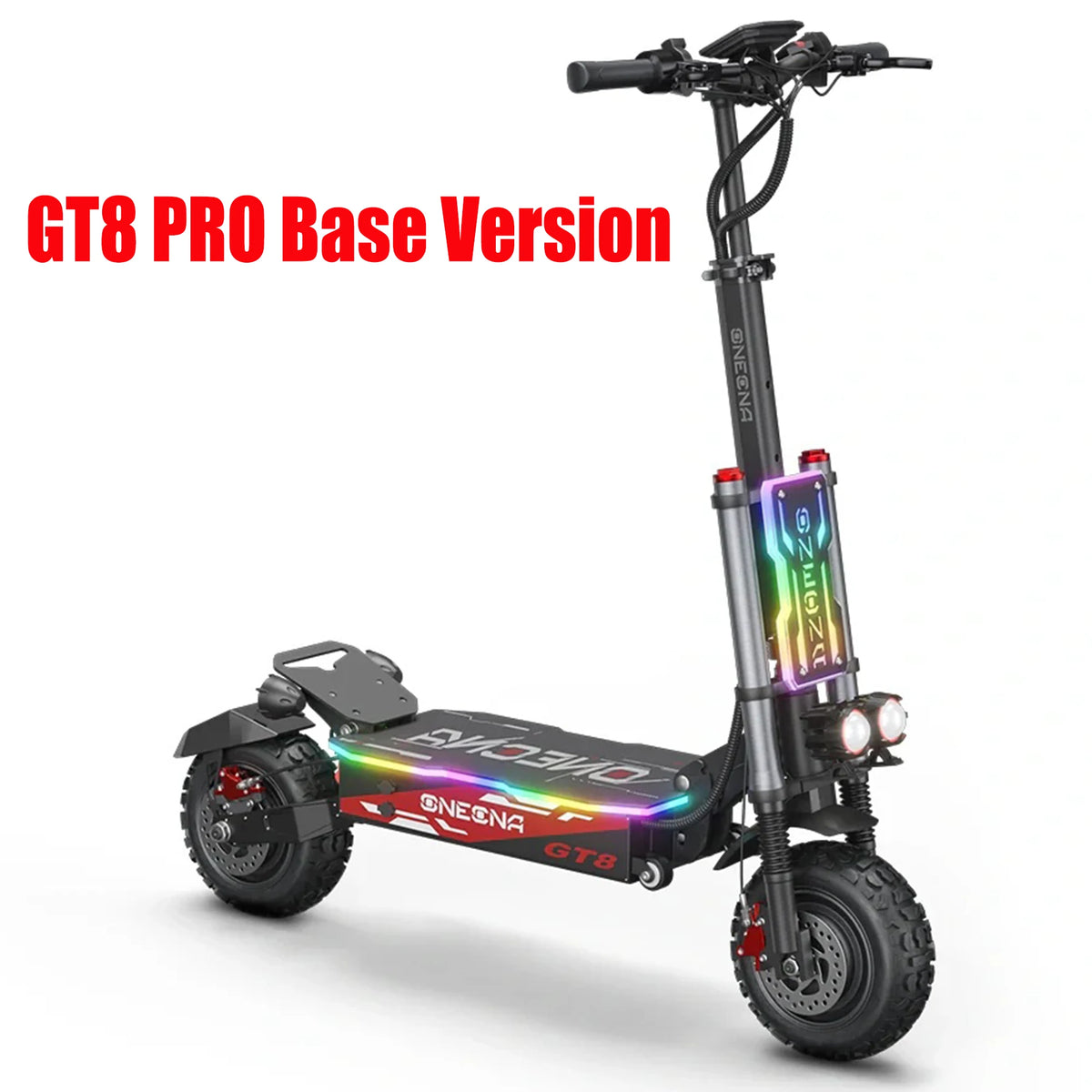Patinete eléctrico negro con base plegable y panel iluminado, vista lateral