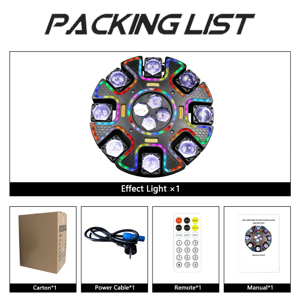 Luz Móvil de 8 Brazos con Efecto Ojo de Abeja de 240W, Combinación de Haz, Láser y Estroboscópico, Control por Sonido/Remoto, para Bares/KTV/Fiestas