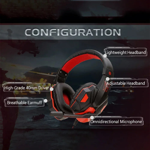 Auriculares gaming negros y rojos con micrófono omnidireccional y diadema ajustable