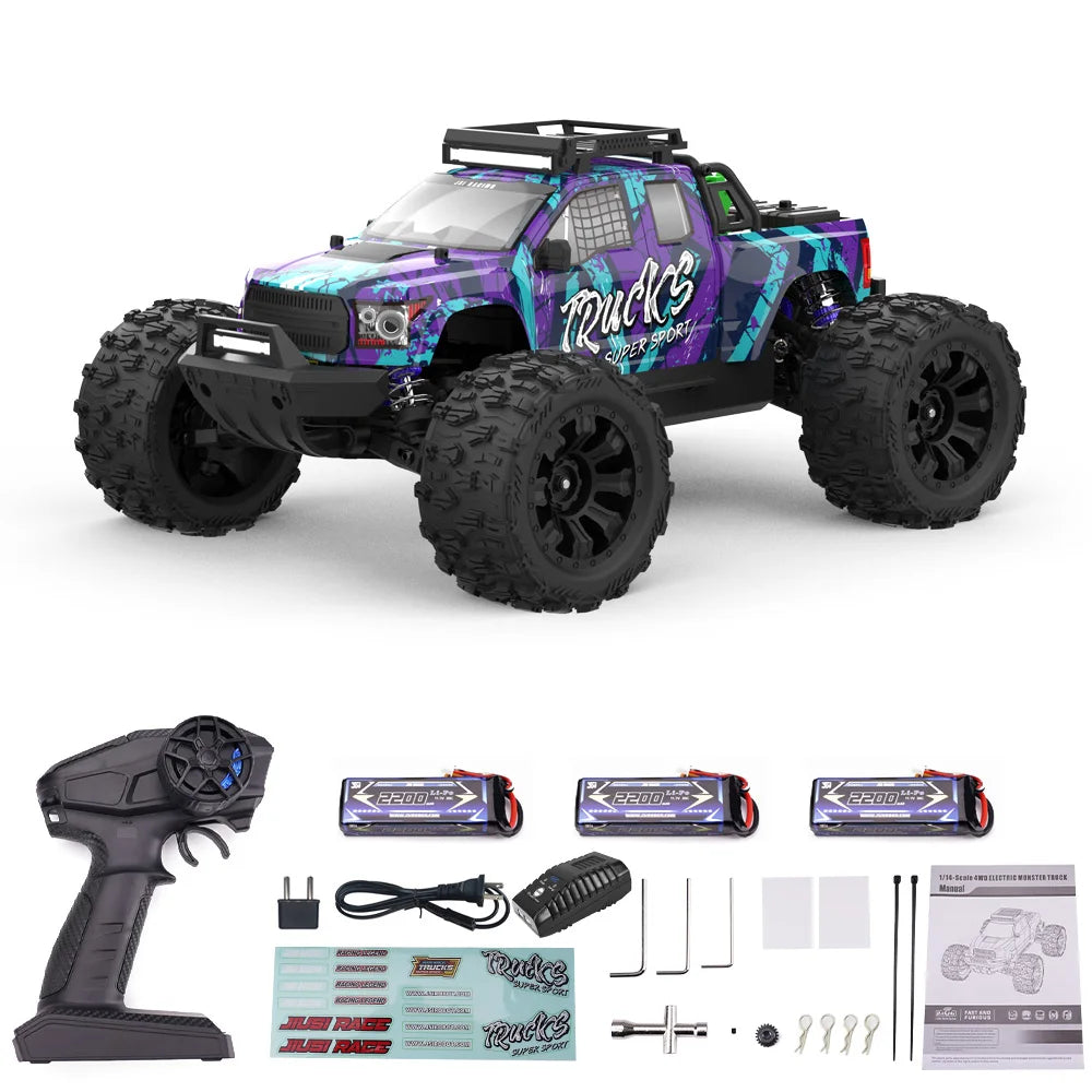 Conjunto de camioneta RC todoterreno morada con control remoto y baterías