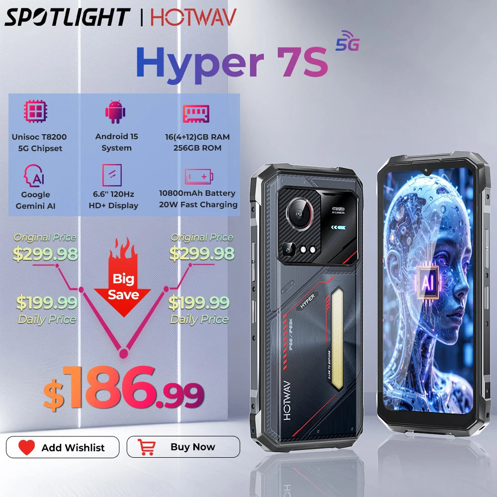 Smartphone resistente HOTWAV Hyper 7S 5G Octa-core Android 15, pantalla 6.6'' HD+ 120Hz, batería 10800mAh 20W, 4GB 256GB