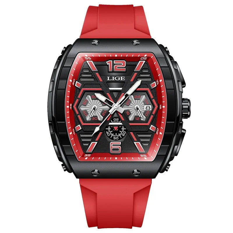 Reloj de pulsera LIGE para hombre, de cuarzo, cronógrafo deportivo, estilo casual, resistente al agua, con correa de silicona roja y caja tonel, Reloj Hombre