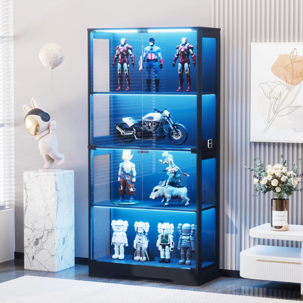 Vitrina de cristal de 4 niveles Anajqaqia de 165 x 80 x 35 cm, armario de almacenamiento a prueba de polvo con puertas de cristal, iluminación LED y sensores inteligentes para sala de estar