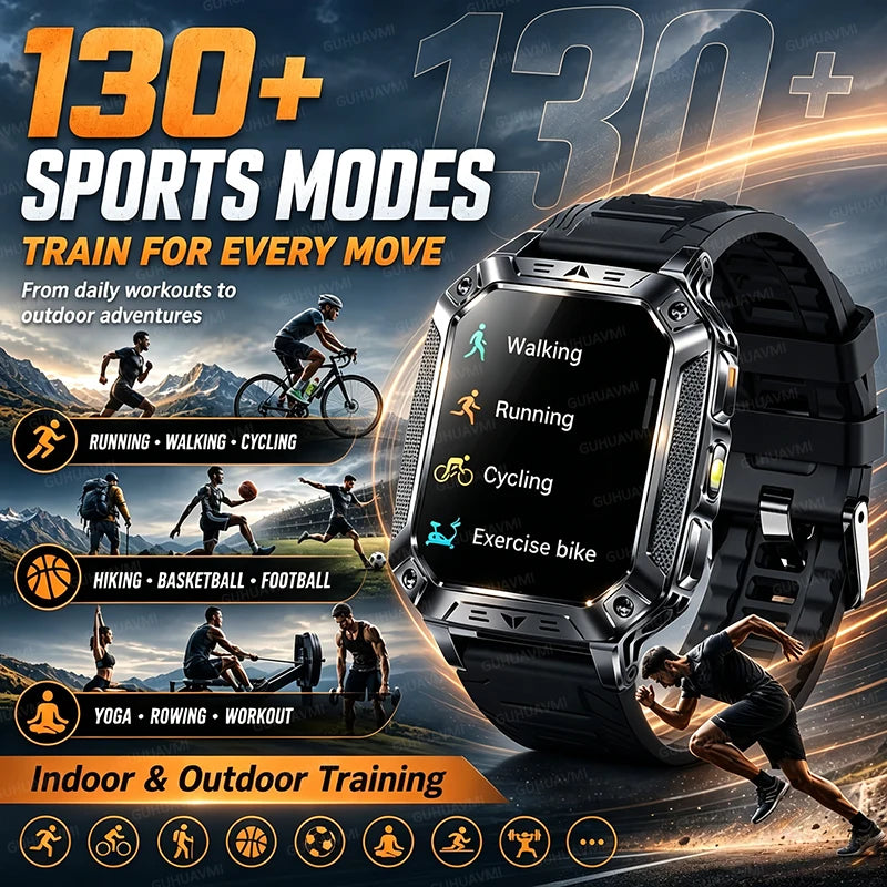 2026 HOT Upgraded Military Smart Watch Possess1400mAh Battery Capacity Outdoor IP68 Waterproof SOS Red And White LED Flashlight 100+Sport HD Call 2.01 inch Screen Watch