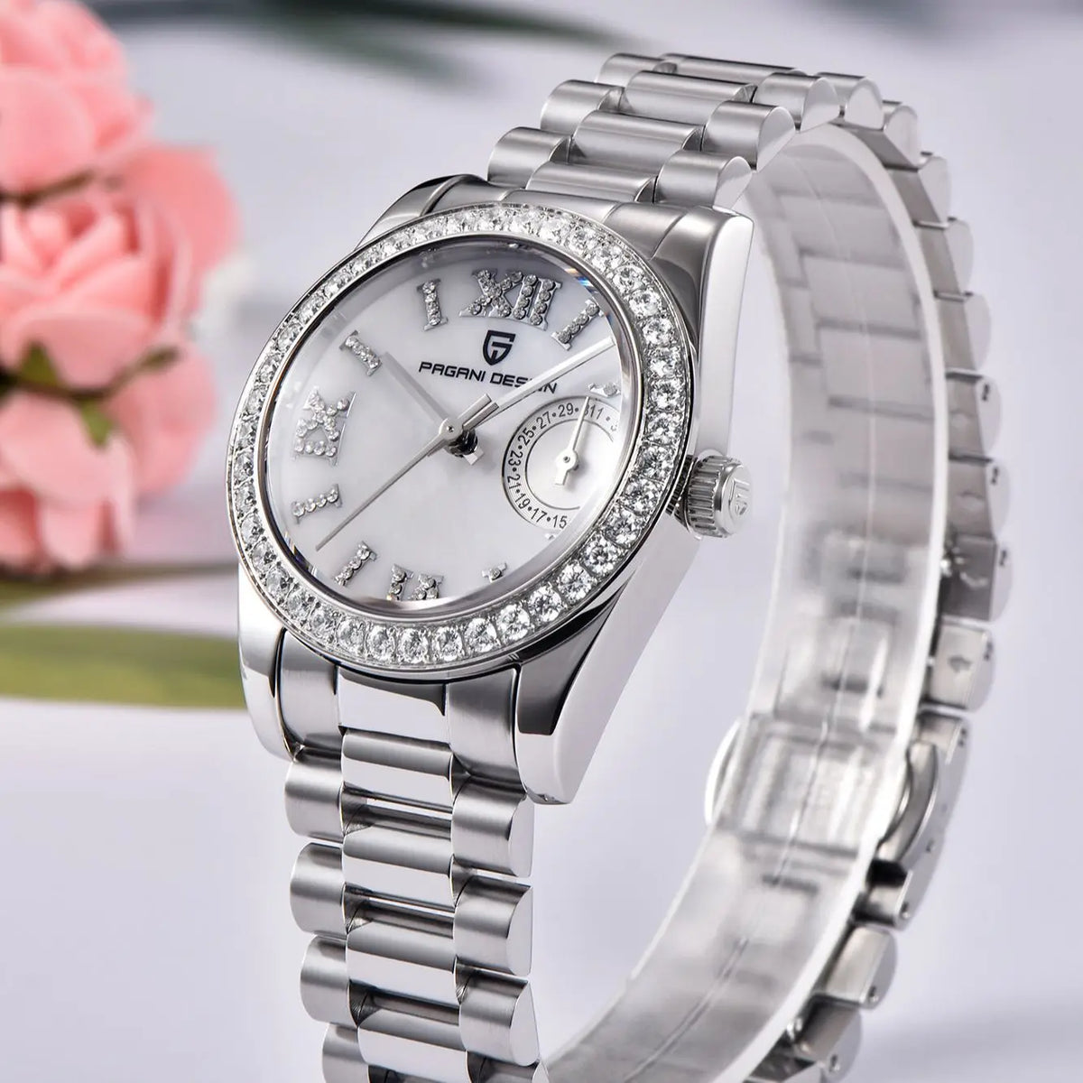 2024 Reloj de cuarzo elegante para mujer PAGANI DESIGN, 32 mm, con diamantes, cristal de zafiro, acero inoxidable, pequeño y exquisito