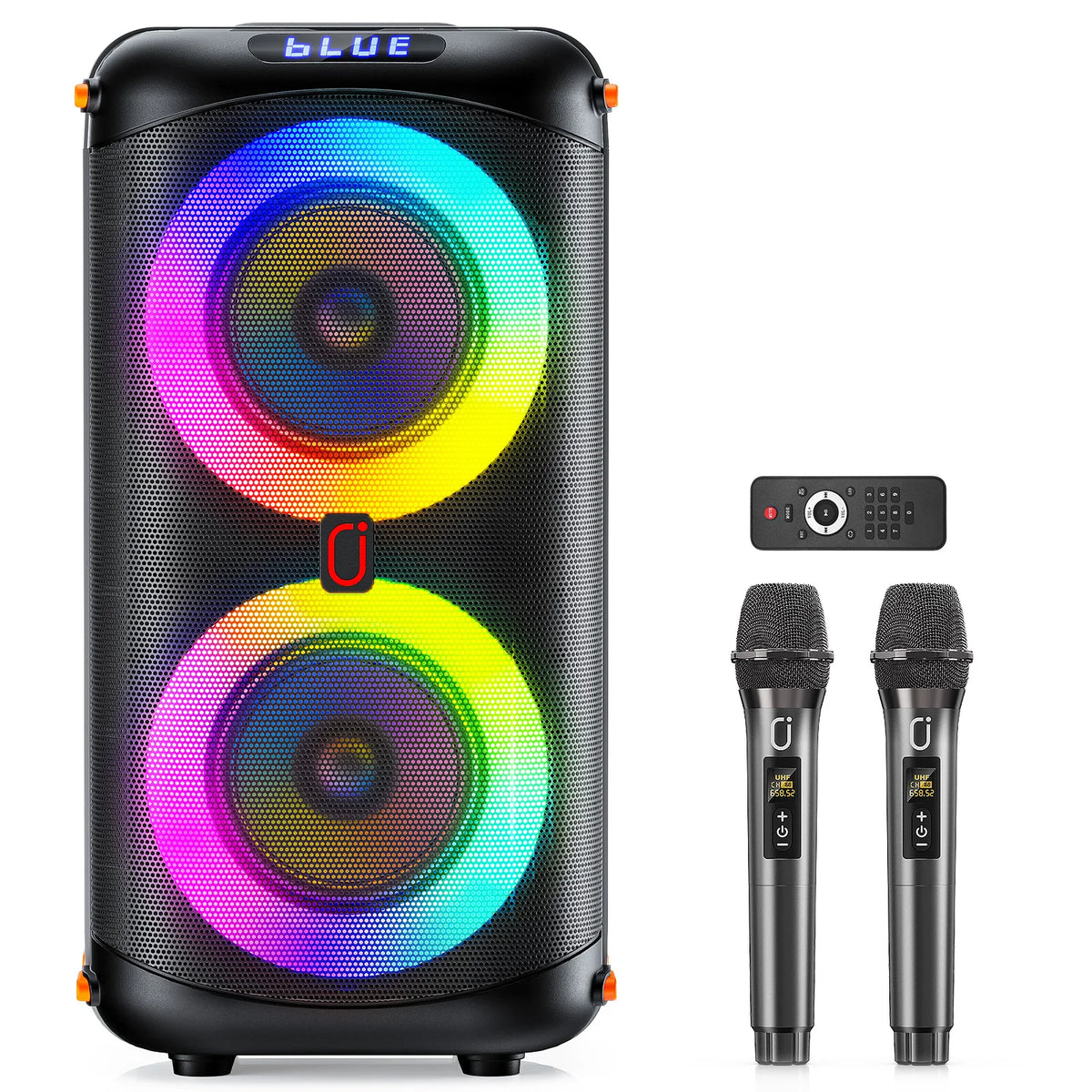 Altavoz Bluetooth inalámbrico JYX T27, máquina de karaoke con 2 micrófonos, altavoz de karaoke para fiestas en casa con luz LED/batería de 6000 mAh