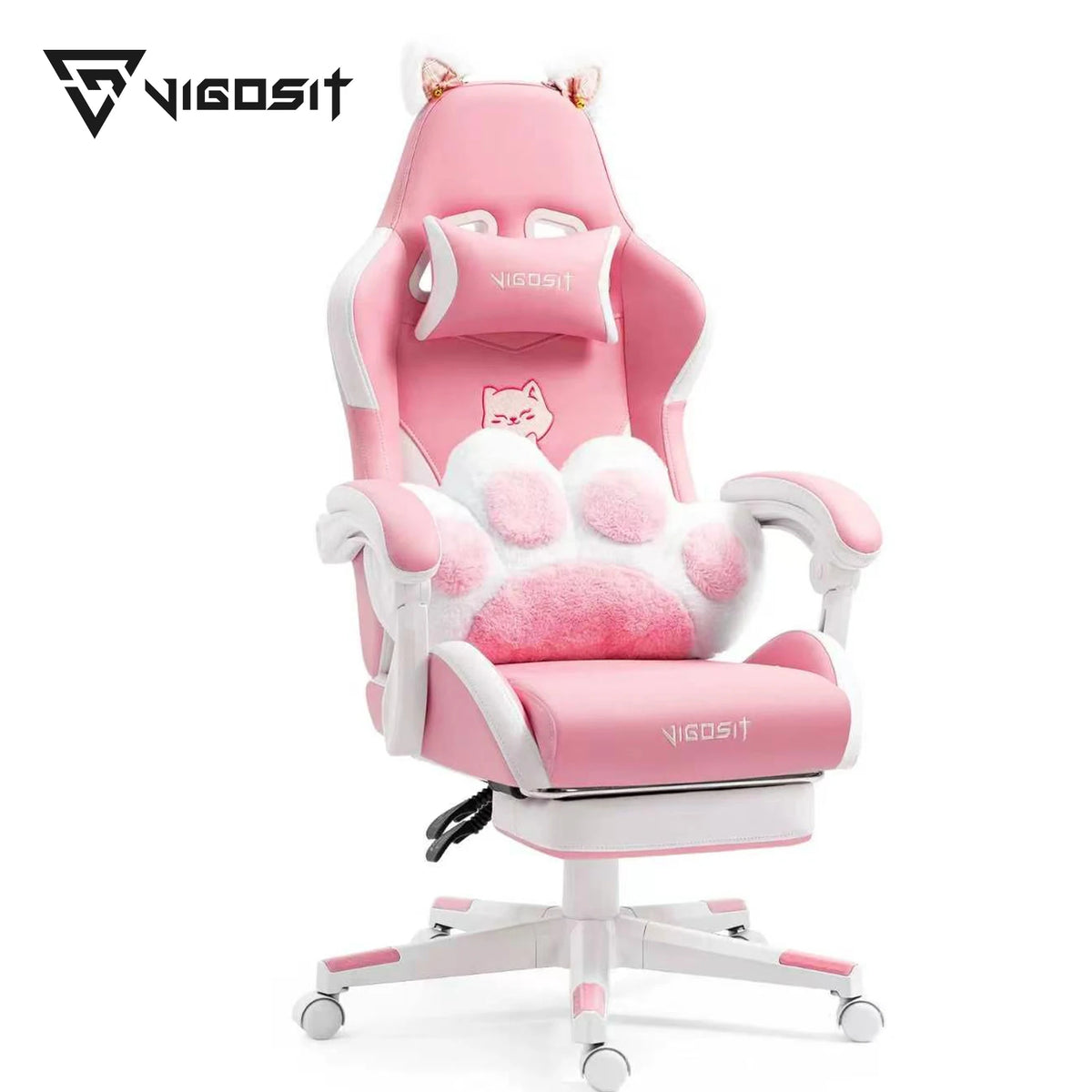 Silla gamer rosa con orejas de gato y almohadón lumbar esponjoso en respaldo acolchado
