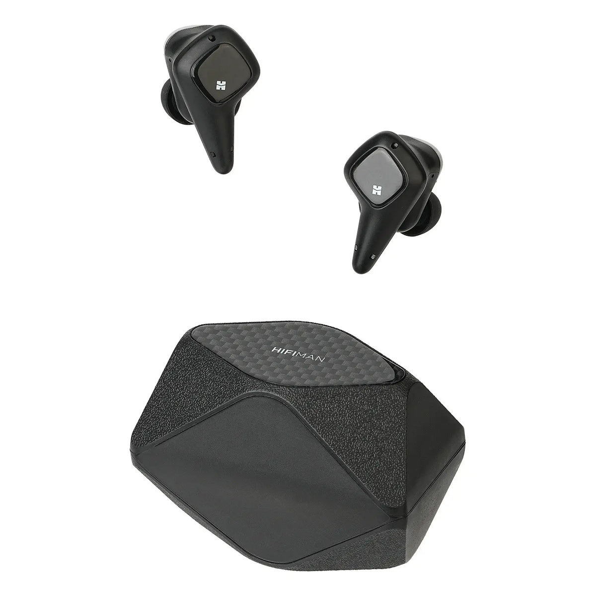 Auriculares inalámbricos negros con estuche hexagonal de carga, vista frontal